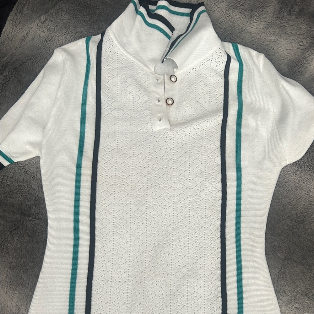 White Short Sleeve Knit Top with Stripes